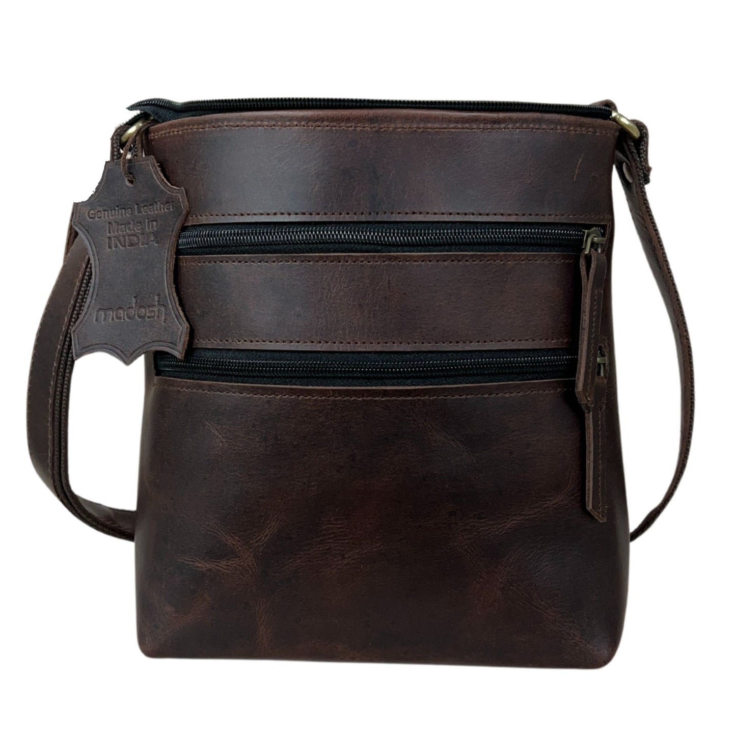 Madosh Genuine Brown Leather Unisex Crossbody Shoulder Sling Small Crossover Side Multiple Pocket Hand Bag