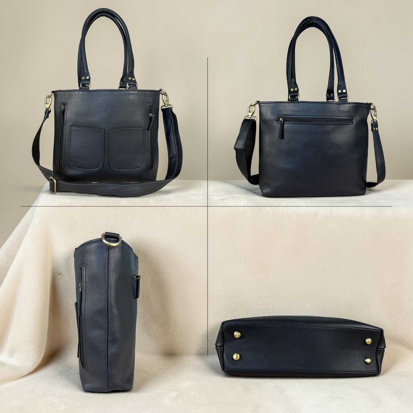 Madosh Women's Genuine Leather Tote Bag | Multi-Pocket Shoulder Bag | Adjustable & Detachable Strap | Elegant Everyday Handbag for Work & Travel (Black)