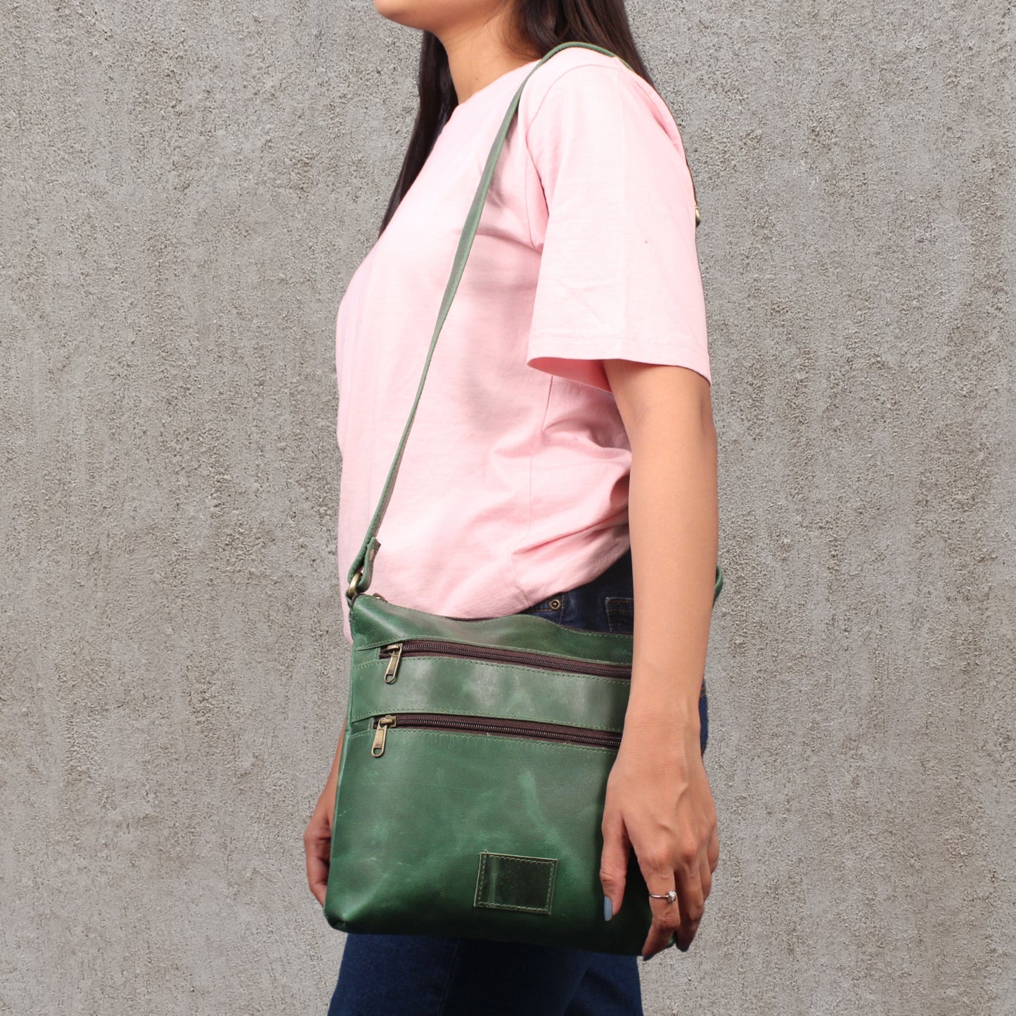Madosh Genuine Green Leather Unisex Crossbody Shoulder Sling Small Crossover Side Multiple Pocket Hand Bag