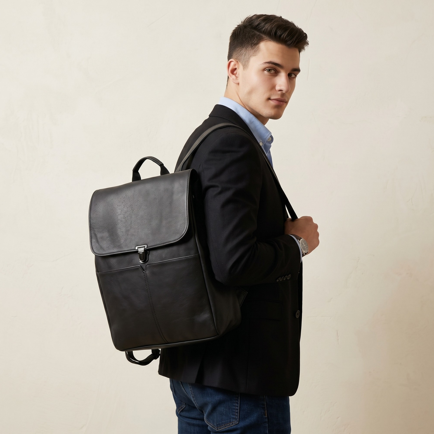 Madosh Black Genuine Leather Unisex Backpack Casual Travel Rucksack Daypack